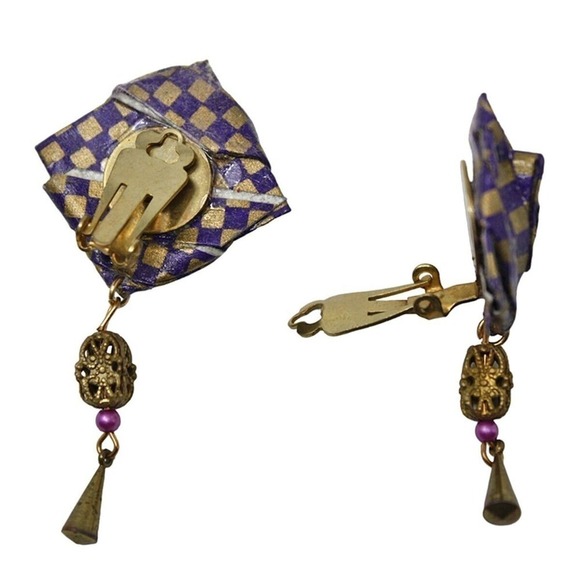 Vintage Alyssa Levitan Handcrafted Origami Clip On Tassel Earrings 1991 on Card - Picture 4 of 7